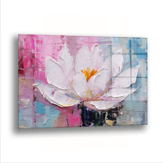 Pembe Lotus 2 cam tablo — Pembe ve mavi lekelerin ortasında beyaz bir lotus açıyor.