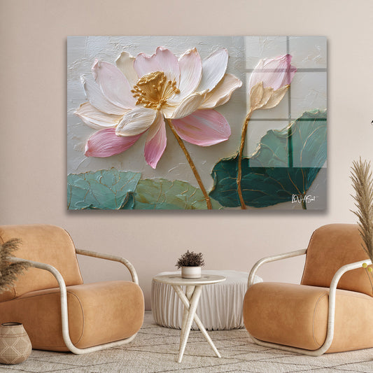 Pembe Lotus 3 cam tablo — duvarda dekorasyon görünümü