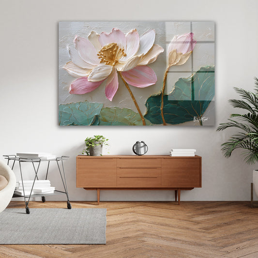 Pembe Lotus 3 cam tablo — iç mekân uygulama örneği