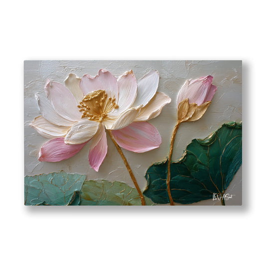 Pembe Lotus 3 kanvas tablo — Geniş yeşil yaprağın yanında usulca açan krem beyazı bir nilüfer.