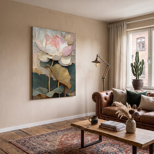 Pembe Lotus kanvas tablo — iç mekân uygulama örneği