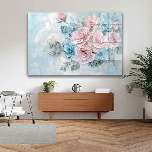 Pembe Mavi Gül Demeti cam tablo — iç mekân uygulama örneği