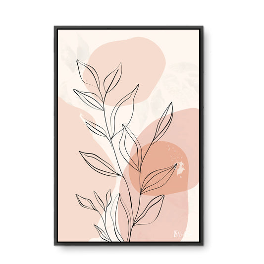 Pembe Minimal Yaprak - Kalın Metal Çerçeveli Kanvas Tablo
