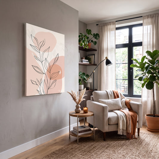 Pembe Minimal Yaprak kanvas tablo — duvarda dekorasyon görünümü
