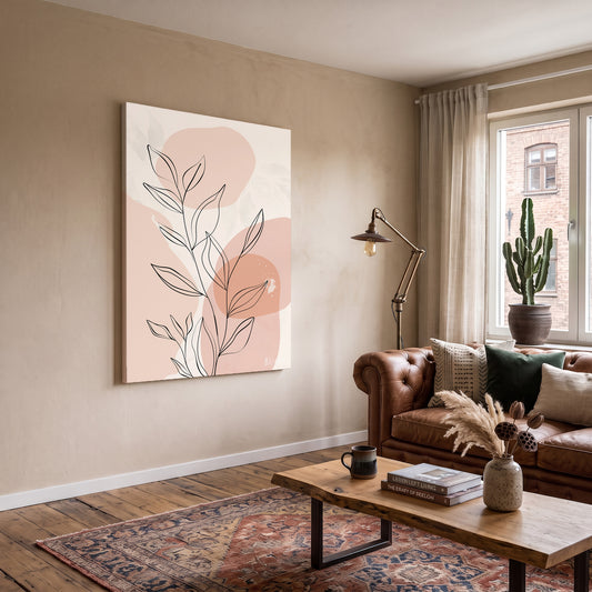 Pembe Minimal Yaprak kanvas tablo — iç mekân uygulama örneği