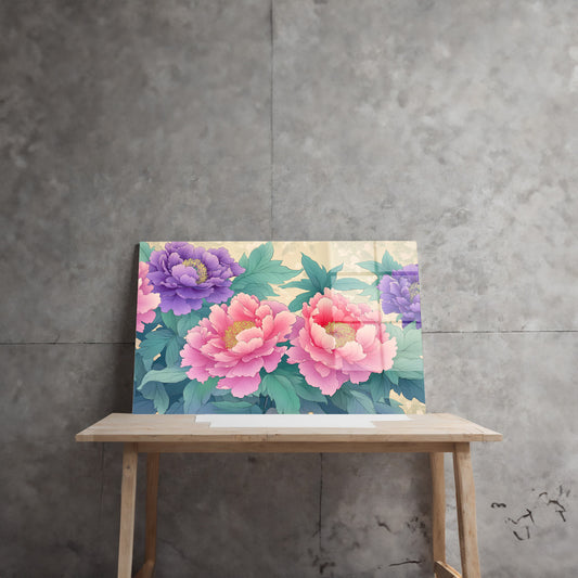 Pembe Mor Şakayık Deseni cam tablo — farklı açıdan görünüm