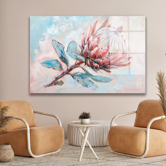 Pembe Protea cam tablo — duvarda dekorasyon görünümü