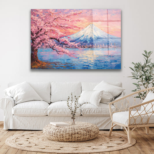 Pembe Sakura Dağı cam tablo — duvarda dekorasyon görünümü