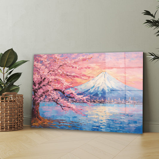 Pembe Sakura Dağı cam tablo — iç mekân uygulama örneği