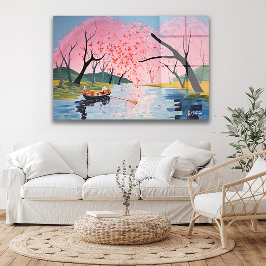 Pembe Sakura Gölü cam tablo — duvarda dekorasyon görünümü