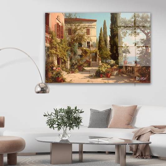 Pembe Villa Bahçesi cam tablo — duvarda dekorasyon görünümü