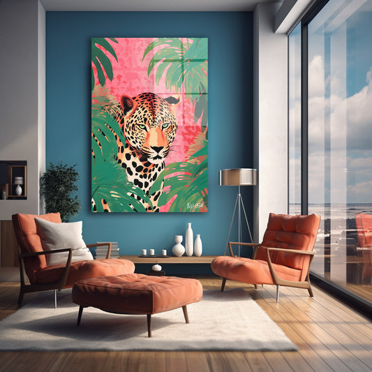 Pembe Zeminde Leopar cam tablo — farklı açıdan görünüm