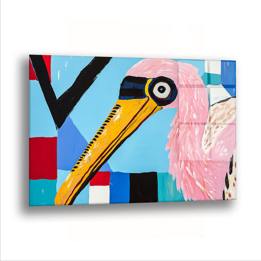 Pop Renkli Pembe Flamingo cam tablo — Renkli blokların arasından uzanan pembe bir flamingo boynu.
