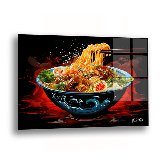 Ramen Kasesi cam tablo — Buharı tüten bir ramen kasesi, karanlığın ortasında iştah açıyor.