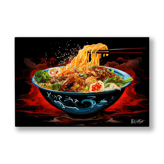 Ramen Kasesi kanvas tablo — Siyah zeminde çubuklarla kaldırılan erişteler ramen kâsesinin üstünde asılı.