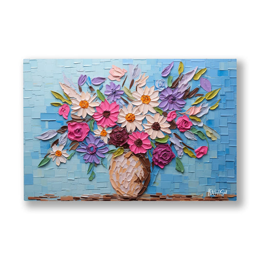 Renkli Buket 2 kanvas tablo — Mavi tuğla bir duvarın önünde vazodan taşan kabartma çiçekler açıyor.