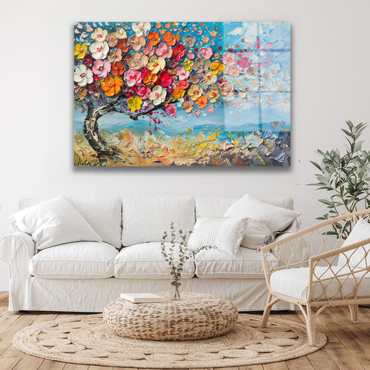 Renkli Çiçekli Ağaç cam tablo — duvarda dekorasyon görünümü