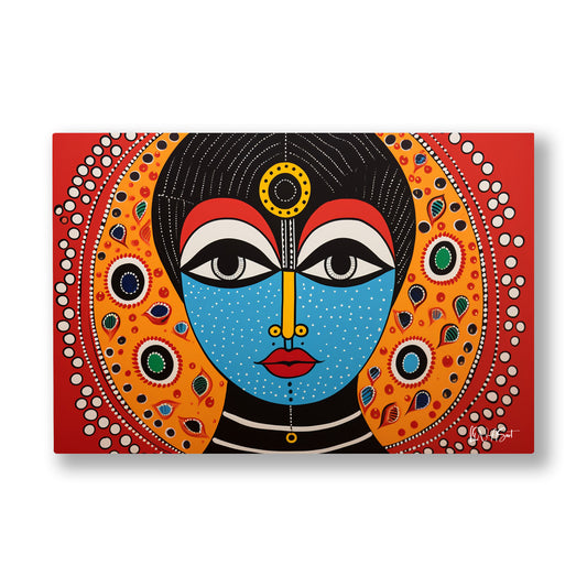 Renkli Folklorik Yüz kanvas tablo — Kırmızı zeminde noktalarla çevrelenmiş mavi folklorik bir yüz.
