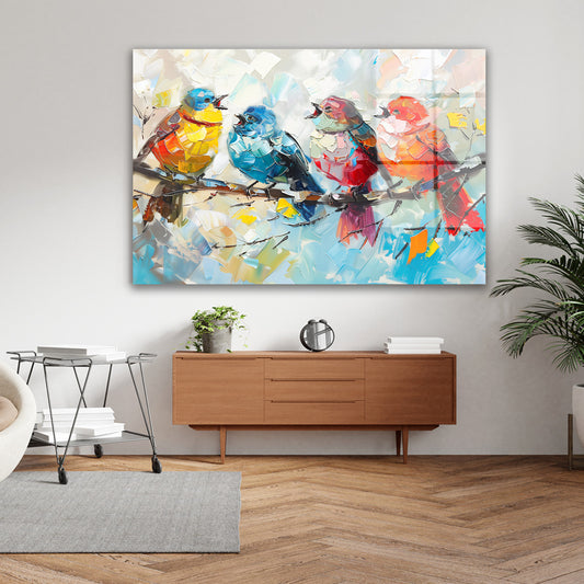 Renkli Kuşlar 2 cam tablo — iç mekân uygulama örneği