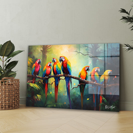 Renkli Papağanlar cam tablo — iç mekân uygulama örneği