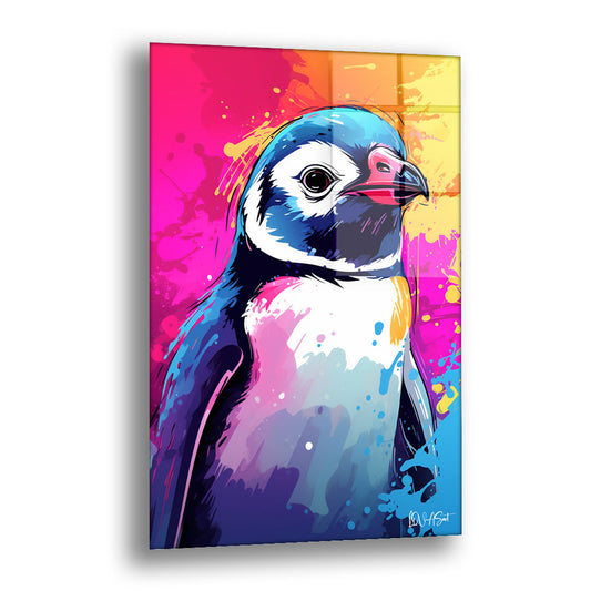 Renkli Penguen 2 cam tablo — fuşya, turuncu ve mavi bir arka planın önünde duran, pembe gagalı pengueni pop sanat tarzıyla gö