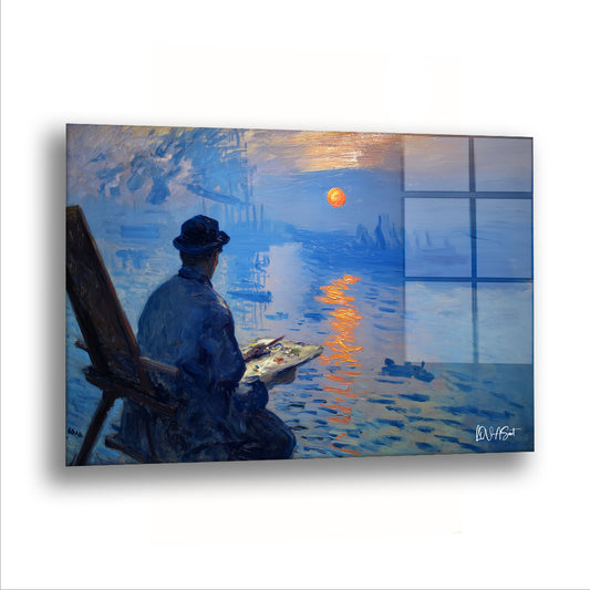 Ressamın Gün Doğumu cam tablo — Ressam sandalyesine oturmuş, gün doğumunu paletine alıyor.