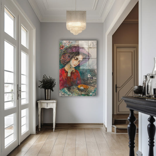 Şapkalı Kadın 3 cam tablo — iç mekân uygulama örneği