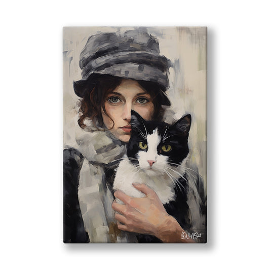 Şapkalı Kadın ve Kedi kanvas tablo — Gri ekose şapkalı kadın siyah beyaz kedisini sıkıca kucaklıyor.
