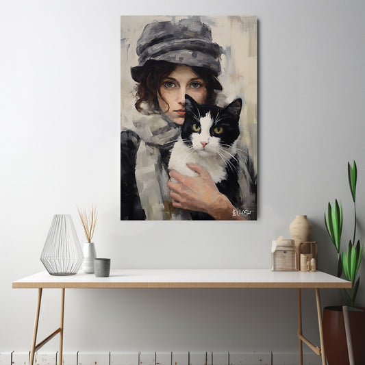 Şapkalı Kadın ve Kedi kanvas tablo — iç mekân uygulama örneği