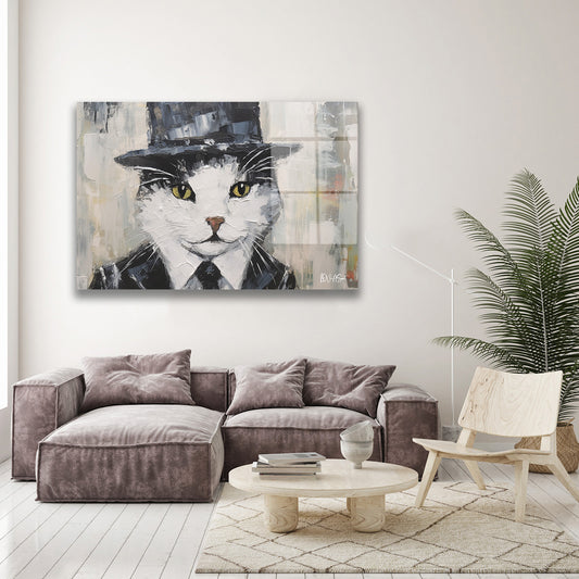Şapkalı Kedi 2 cam tablo — duvarda dekorasyon görünümü