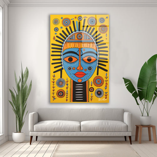 Sarı Afrika Maskesi cam tablo — duvarda dekorasyon görünümü