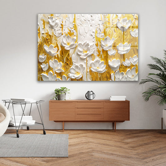 Sarı Beyaz Çiçek Dokusu cam tablo — iç mekân uygulama örneği