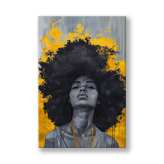 Sarı Fonda Afro Kadın kanvas tablo — Hardal sarısı fonun önünde ihtişamla kabaran siyah afro saçlar.