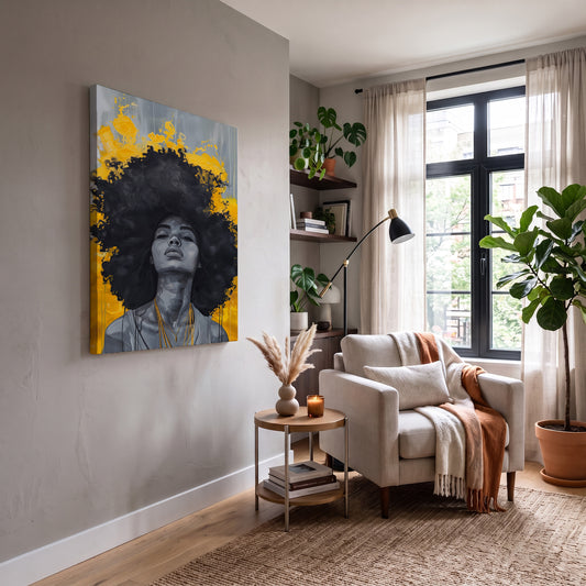 Sarı Fonda Afro Kadın kanvas tablo — duvarda dekorasyon görünümü