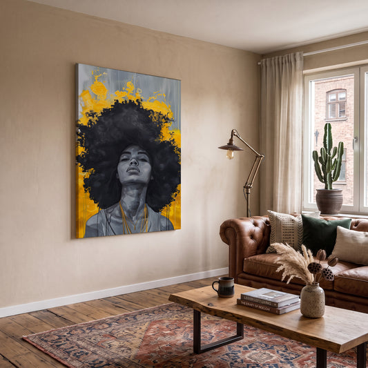 Sarı Fonda Afro Kadın kanvas tablo — iç mekân uygulama örneği