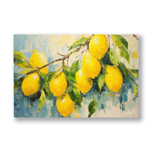 Sarı Limon Dalı kanvas tablo — Yapraklarının arasından sarkan olgun limonlarla ağır çekmiş bir dal.