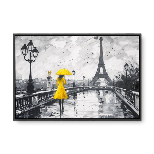 Sarı Şemsiyeli Paris - Kalın Metal Çerçeveli Kanvas Tablo