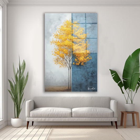 Sarı Yapraklı Ağaç 6 cam tablo — duvarda dekorasyon görünümü