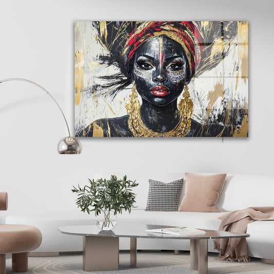 Sarıklı Afrikalı Kadın cam tablo — duvarda dekorasyon görünümü