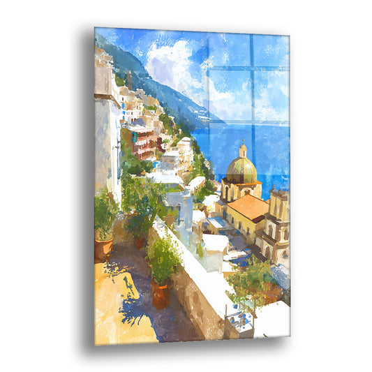 Sarp Kıyı Kasabası cam tablo — yamaca dizilmiş renkli evlerin, kubbeli bir kilisenin ve mavi denizin yüksekten görüldüğü bir