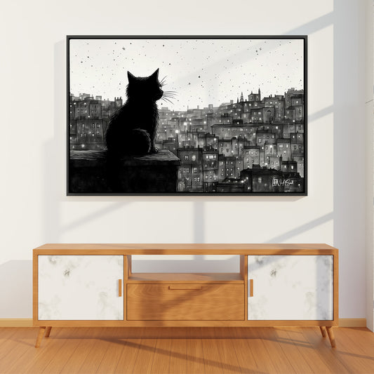 Şehirde Siyah Kedi - Kalın Metal Çerçeveli Kanvas Tablo