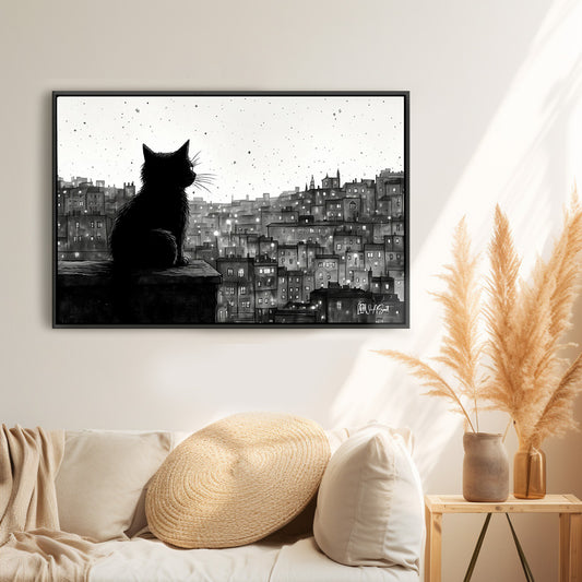 Şehirde Siyah Kedi - Kalın Metal Çerçeveli Kanvas Tablo