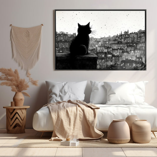 Şehirde Siyah Kedi - Kalın Metal Çerçeveli Kanvas Tablo