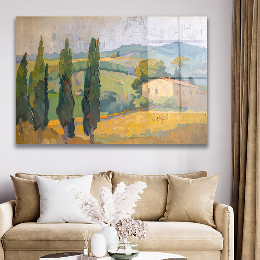 Selvili Kır Evi cam tablo — duvarda dekorasyon görünümü
