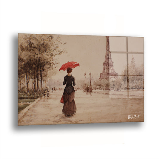 Sepya Paris 3 cam tablo — Kırmızı şemsiye, bütün sepya şehrin içindeki tek renk olmayı üstlenmiş.