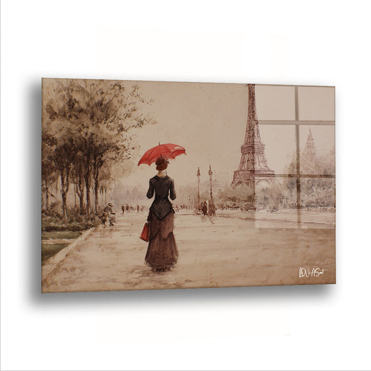 Sepya Paris 3 cam tablo — Kırmızı şemsiye, bütün sepya şehrin içindeki tek renk olmayı üstlenmiş.