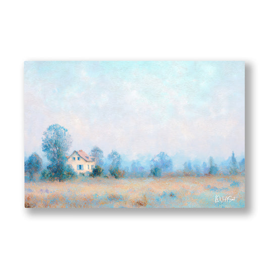 Sisli Kış Evi kanvas tablo — Karla kaplı pastel bir kırın ortasında turuncu çatılı küçük bir ev.