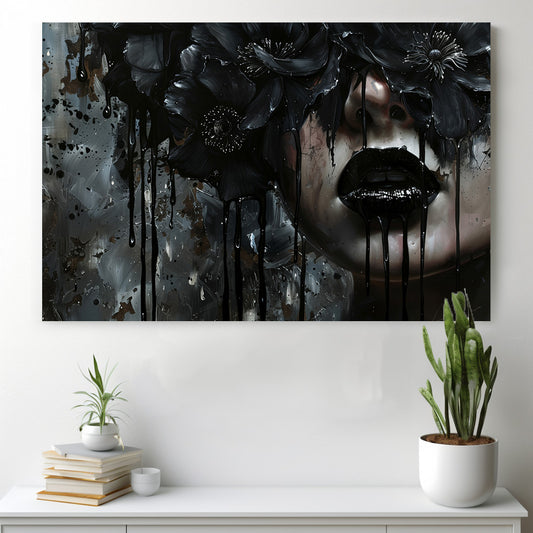 Siyah Akan Kadın Yüzü kanvas tablo — iç mekân uygulama örneği
