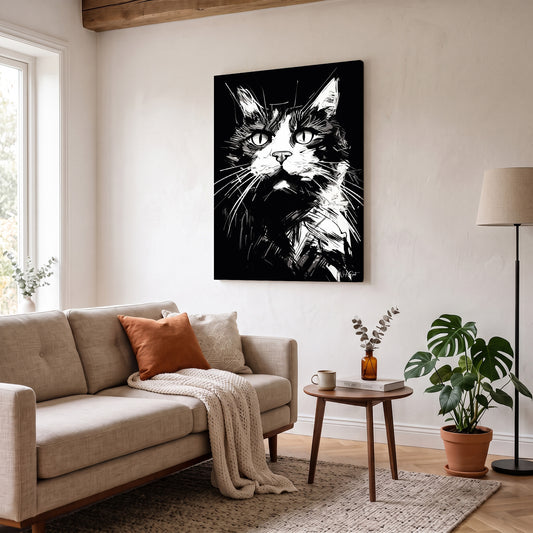 Siyah Beyaz Kedi 2 kanvas tablo — duvarda dekorasyon görünümü