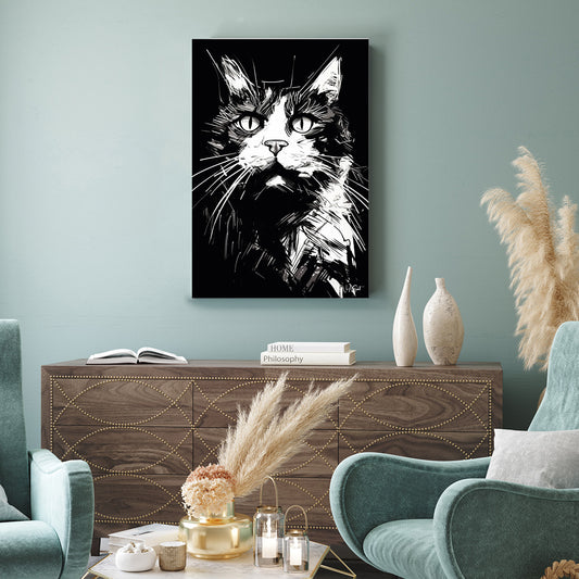 Siyah Beyaz Kedi 2 kanvas tablo — farklı açıdan görünüm